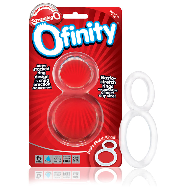 Screaming O Ofinity Clear Screaming O Ofinity Clear clear figure-eight ring beside red hanging card