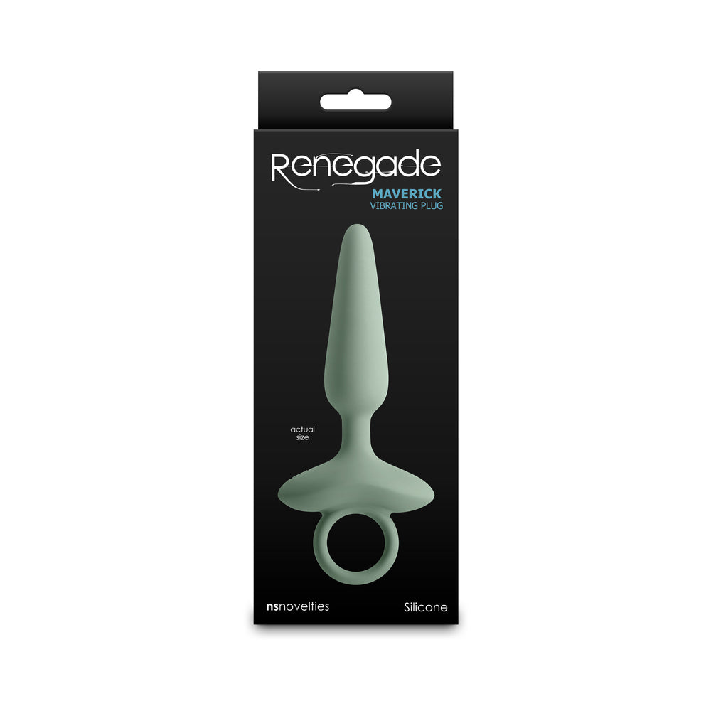 Renegade Maverick Rechargeable Vibrating Anal Plug Sage Sage Renegade Maverick tapered vibrating plug with winged ring base on box