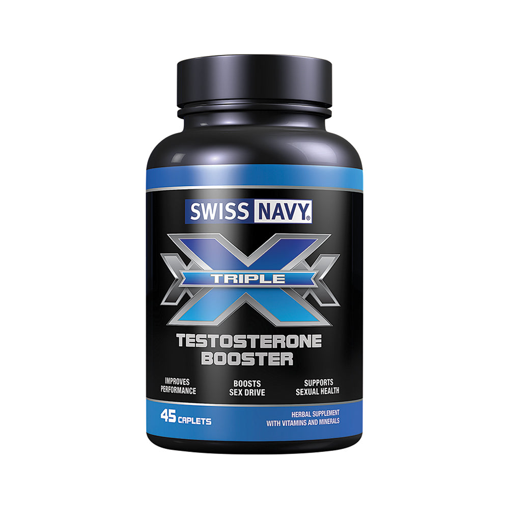 Swiss Navy Triple X Testosterone Booster 45-Caplet Bottle Swiss Navy Triple X 45 Caplets black bottle with blue bands and silver X label