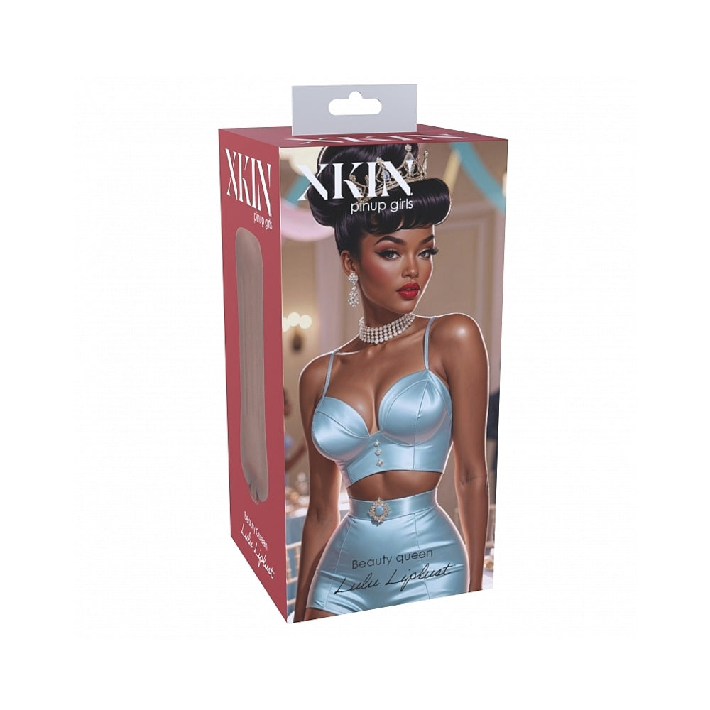 Xkin Pinup Girls Lulu Liplust Stroker Brown Xkin Lulu Liplust brown stroker box with blue lingerie artwork