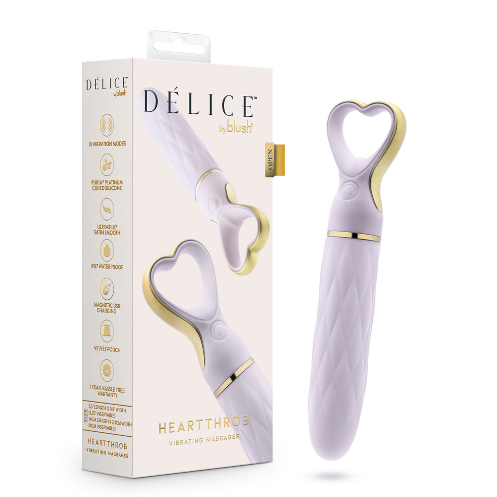 Delice Heartthrob Lavender Love Lavender Love Délice Heartthrob vibrator beside white product box