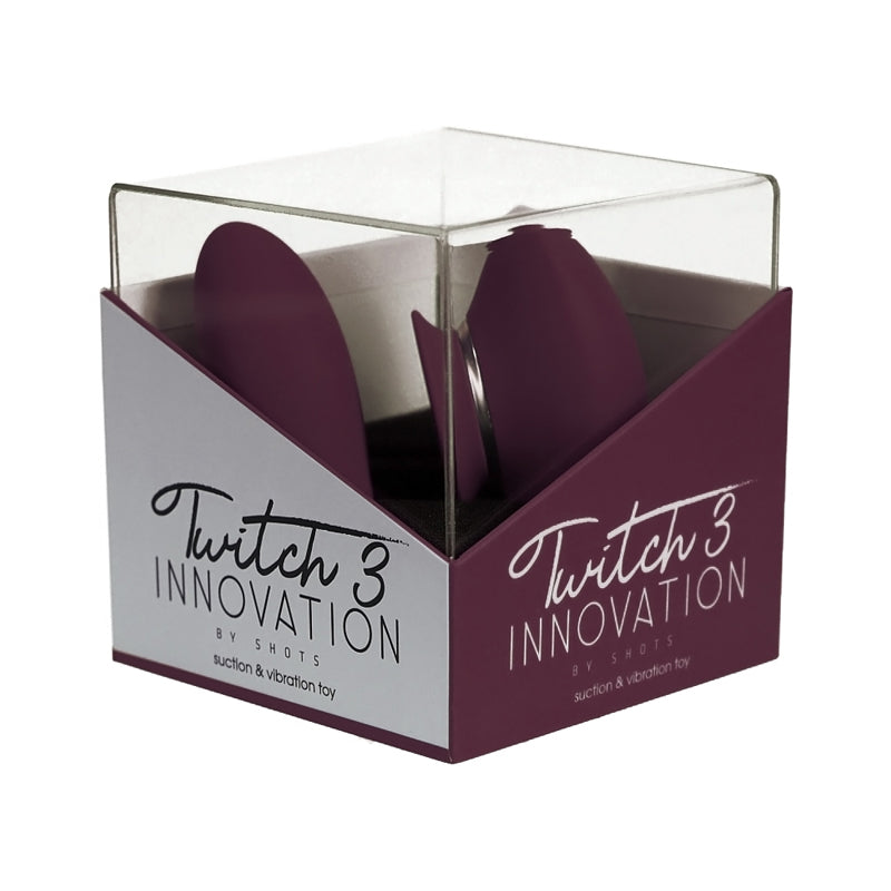 Twitch 3 Silicone Rechargeable Vibrator & Suction Burgundy burgundy Twitch 3 vibrator and suction device inside purple window box