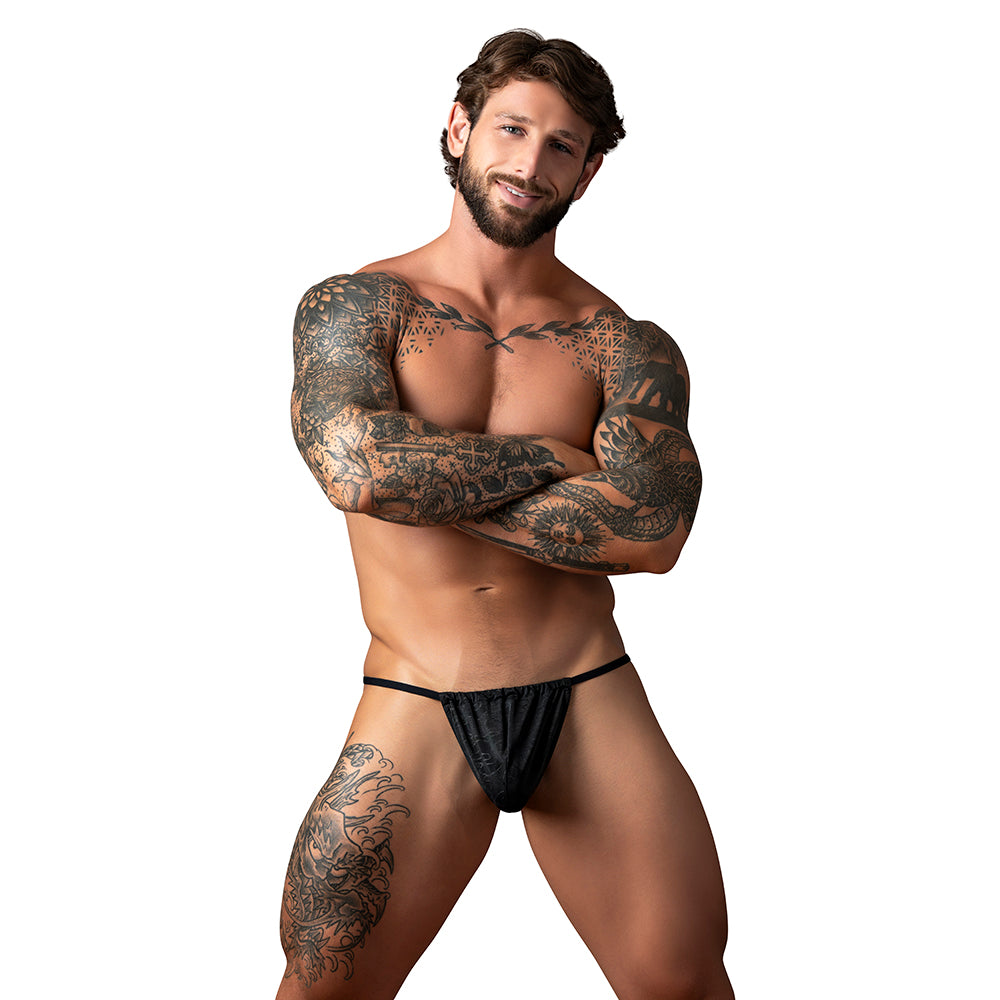 Male Power Kilauea Limited Edition G-String Black O/S Front Model view of black Male Power Kilauea G-String in one size
