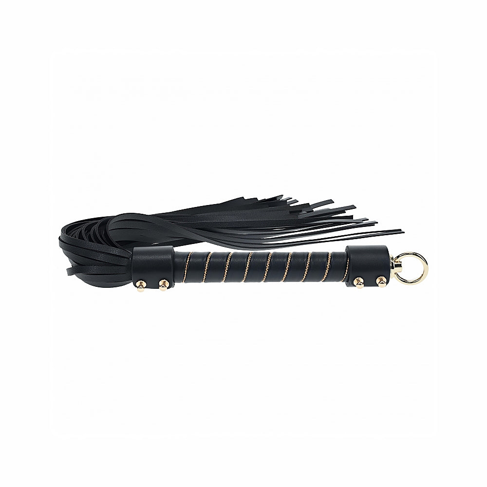 Ouch! International London Collection Flogger black London leather flogger with gold cord wrapped handle and metal ring