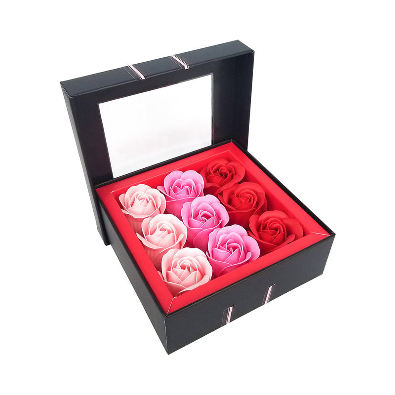 It''s the Bomb Soap Bud Rose Petals Soap Set open black gift box filled with pink and red rose-shaped soap buds