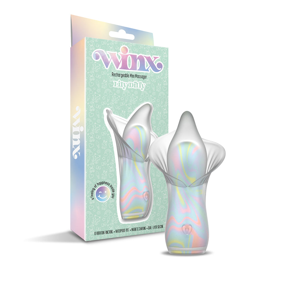 WINX Lily Dilly Squishy Silicone Vibrator Pastel WINX Lily Dilly flower vibrator displayed beside mint retail box
