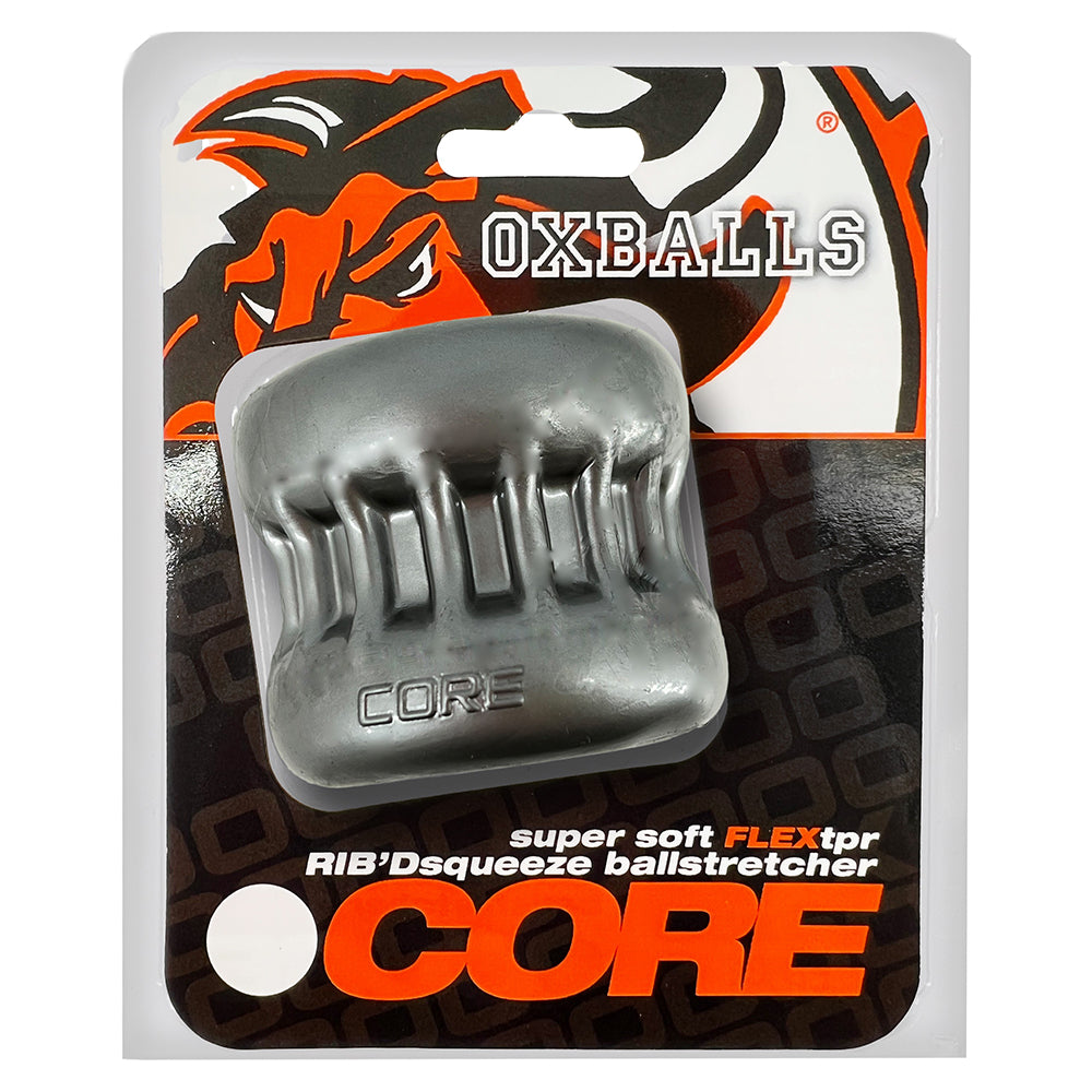 OxBalls Core Gripsqueeze Ballstretcher Steel steel-colored OxBalls Core ribbed ballstretcher on orange and black card