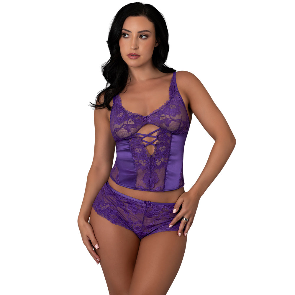 Magic Silk Satin Petals Bustier & Boy Short Set Purple S/M Front view of Purple Satin Petals bustier short set S/M