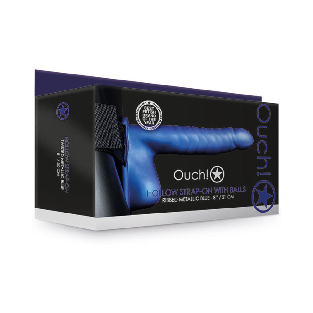 Ouch! Ribbed 8 in. Hollow Strap-On with Balls Metallic Blue Metallic-blue Ouch ribbed strap-on with balls retail box