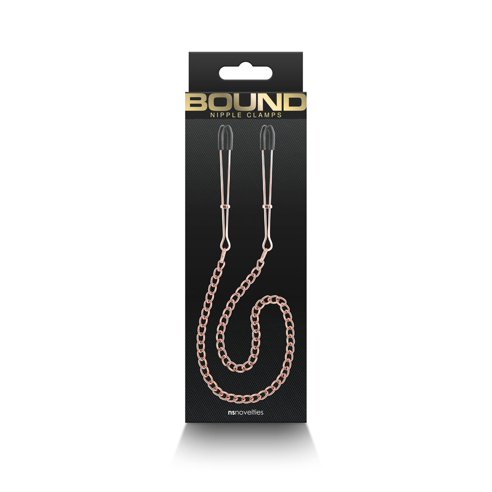 Bound Nipple Clamps DC3 Rose Gold NS Novelties Bound DC3 rose gold chain nipple clamps front retail package