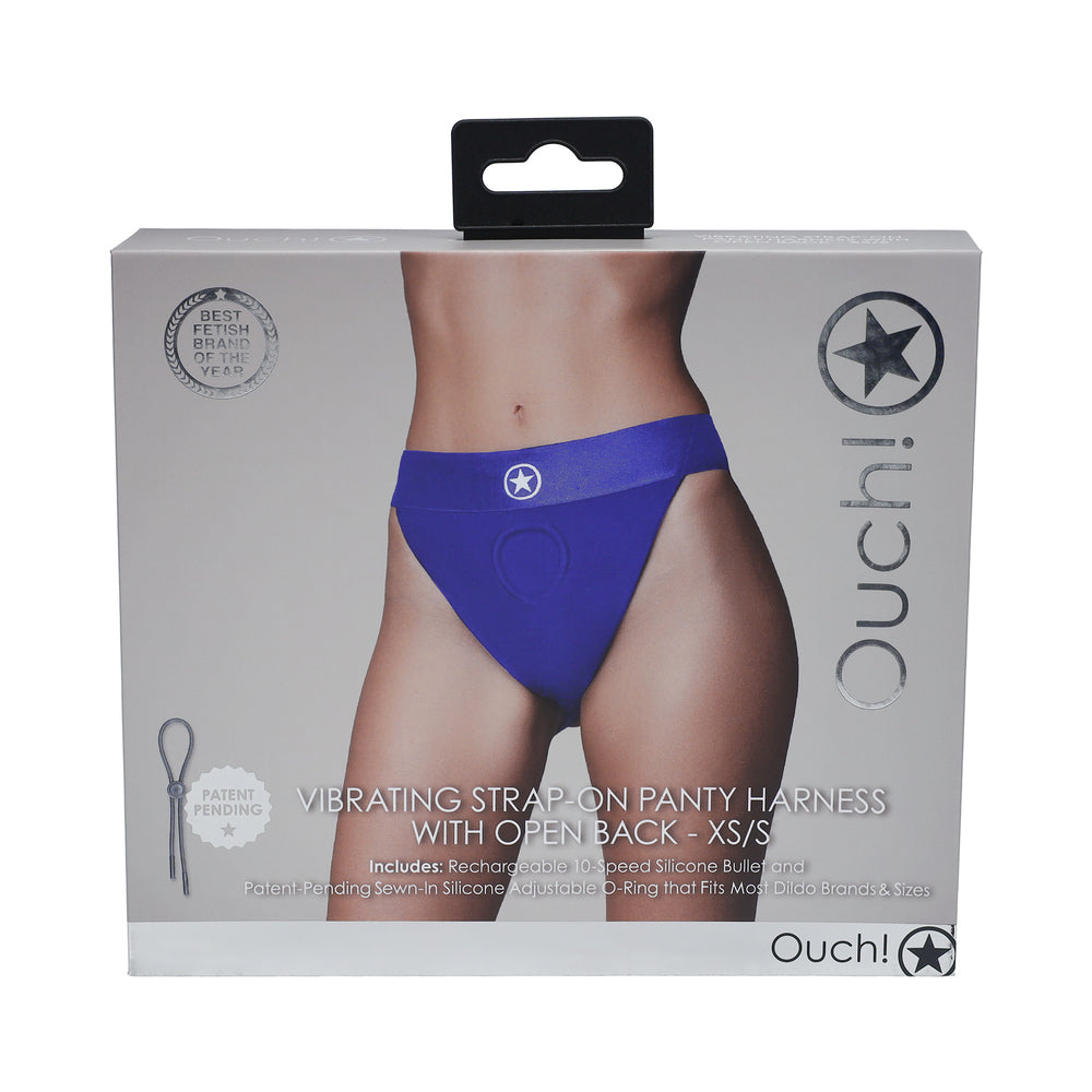 Ouch! Vibrating Strap-on Panty Harness with Open Royal Blue Black XS/S royal blue Ouch open-back strap-on harness XS/S on gray box