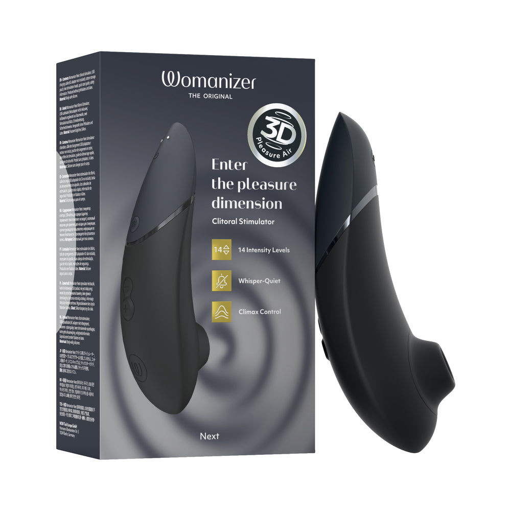 Womanizer Next Black black Womanizer Next curved air stimulator standing beside its black retail box