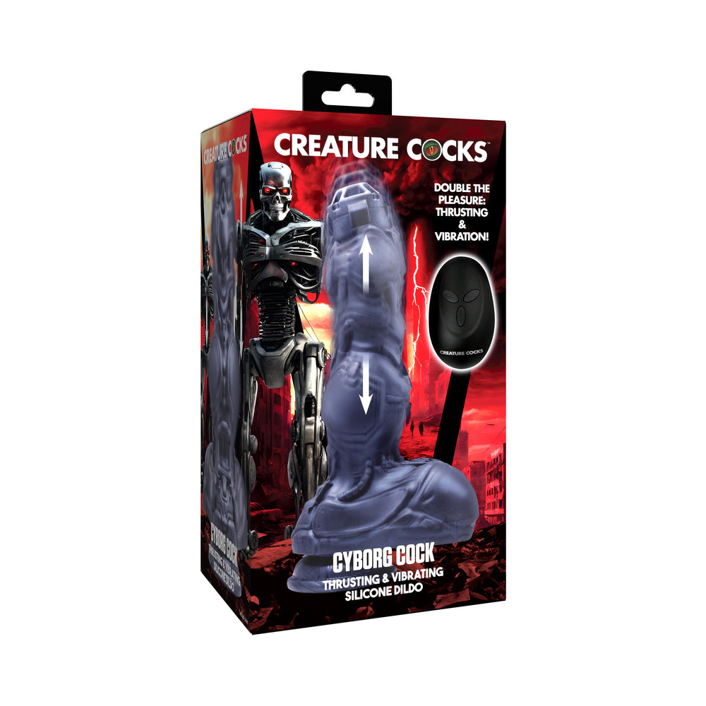 Creature Cocks Cyborg Thrusting Silicone Dildo Creature Cocks Cyborg silver-gray dildo in robot-themed retail box with oval remote pictured