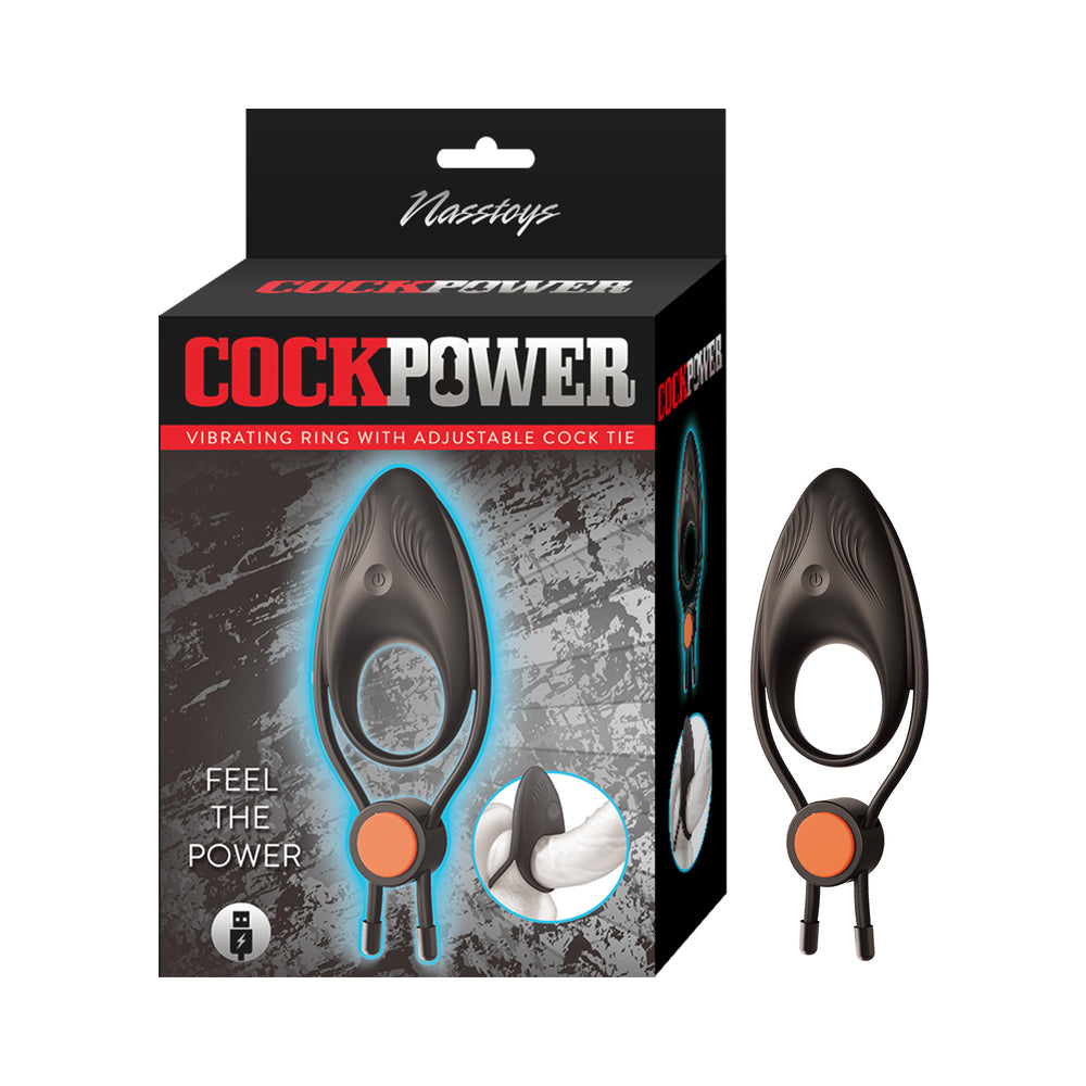 Cockpower Vibrating Ring with Adjustable Cock Tie Black Nasstoys Cockpower black ring with adjustable tie and retail box