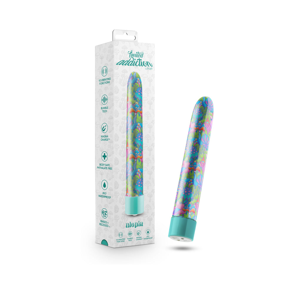 Limited Addiction Utopia Rechargeable 7 in. Vibrator Aqua aqua multicolor Limited Addiction Utopia vibrator beside white box
