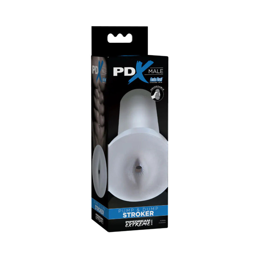 PDX Male Pump & Dump Squeezable Anal Stroker Clear PDX Male Pump and Dump clear anal stroker in black retail box