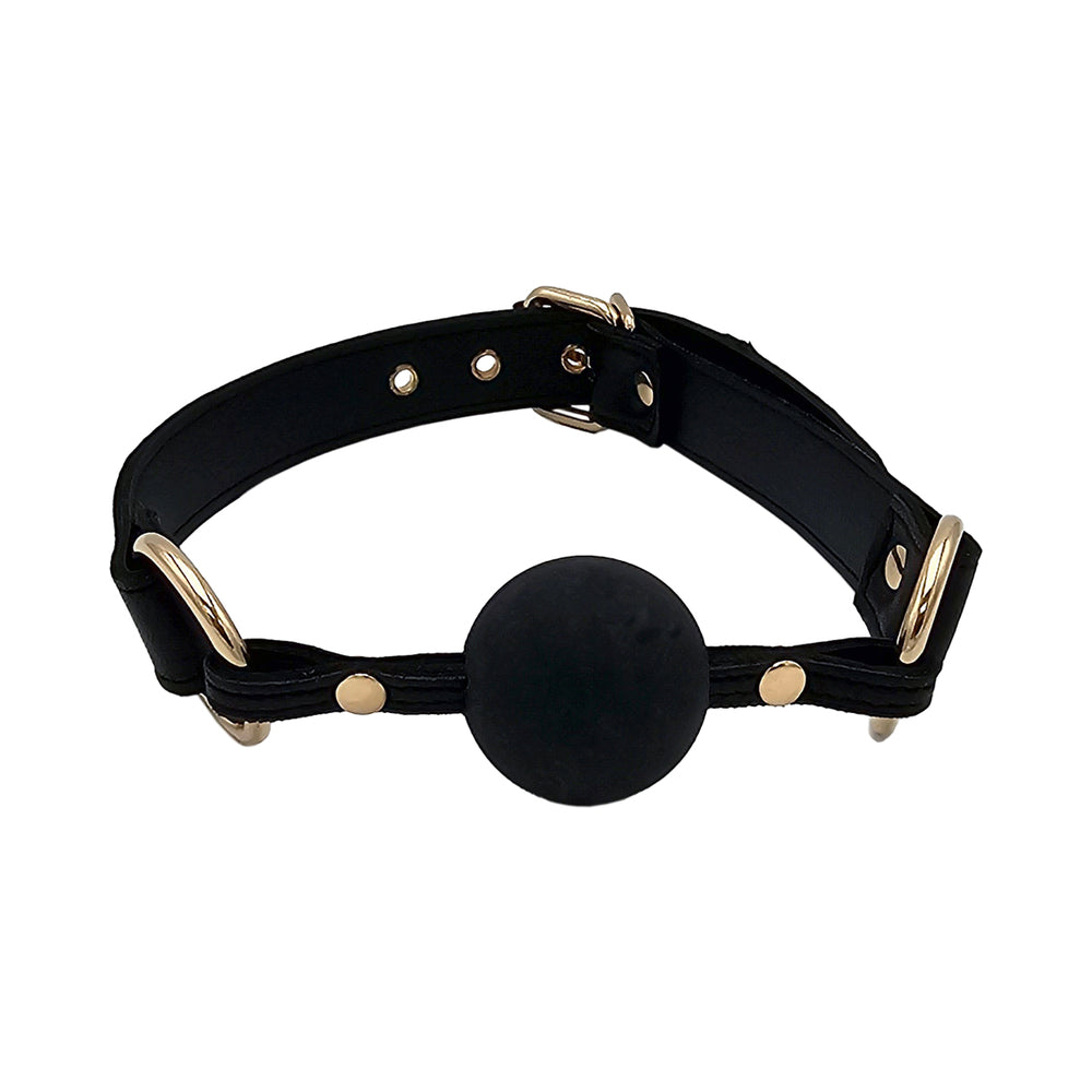 Rouge Leather Ball Gag Black with Gold Accessories Rouge black leather ball gag with gold hardware front view with round black ball
