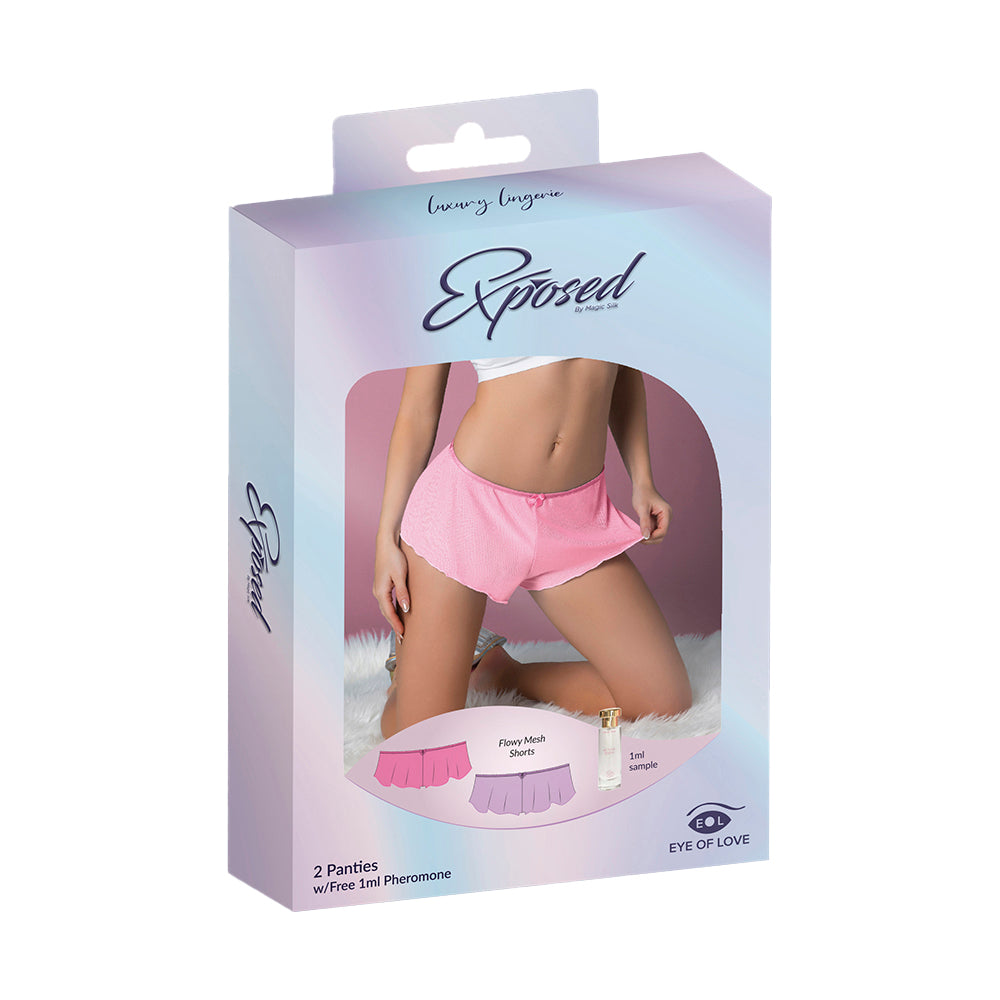 Magic Silk Pheromone Panties Flowy Mesh Short 2-Pack Lilac/Rose Queen Size Magic Silk lilac and rose flowy mesh short two-pack queen size in box