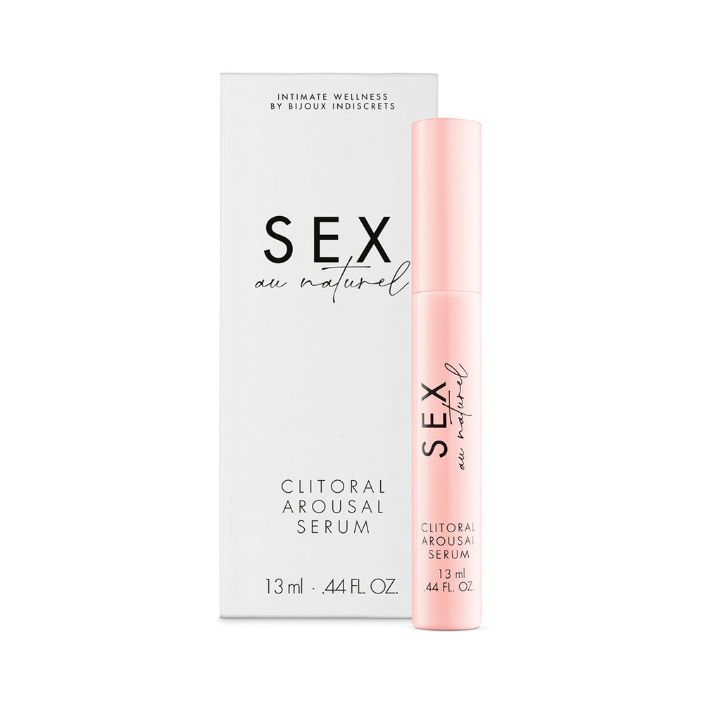 Bijoux Indiscrets Sex au Naturel Clitoral Arousal Serum 0.44 oz. slim pink Sex au Naturel Clitoral Arousal Serum tube beside its white carton