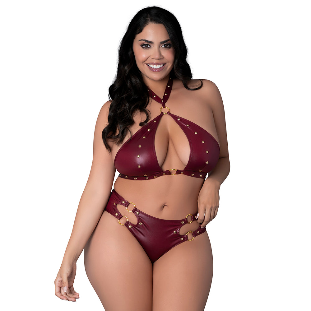 Lust Fetish Juno Burgundy Queen Size Lust Fetish Juno queen-size burgundy choker bra and cutout short set front view worn by model