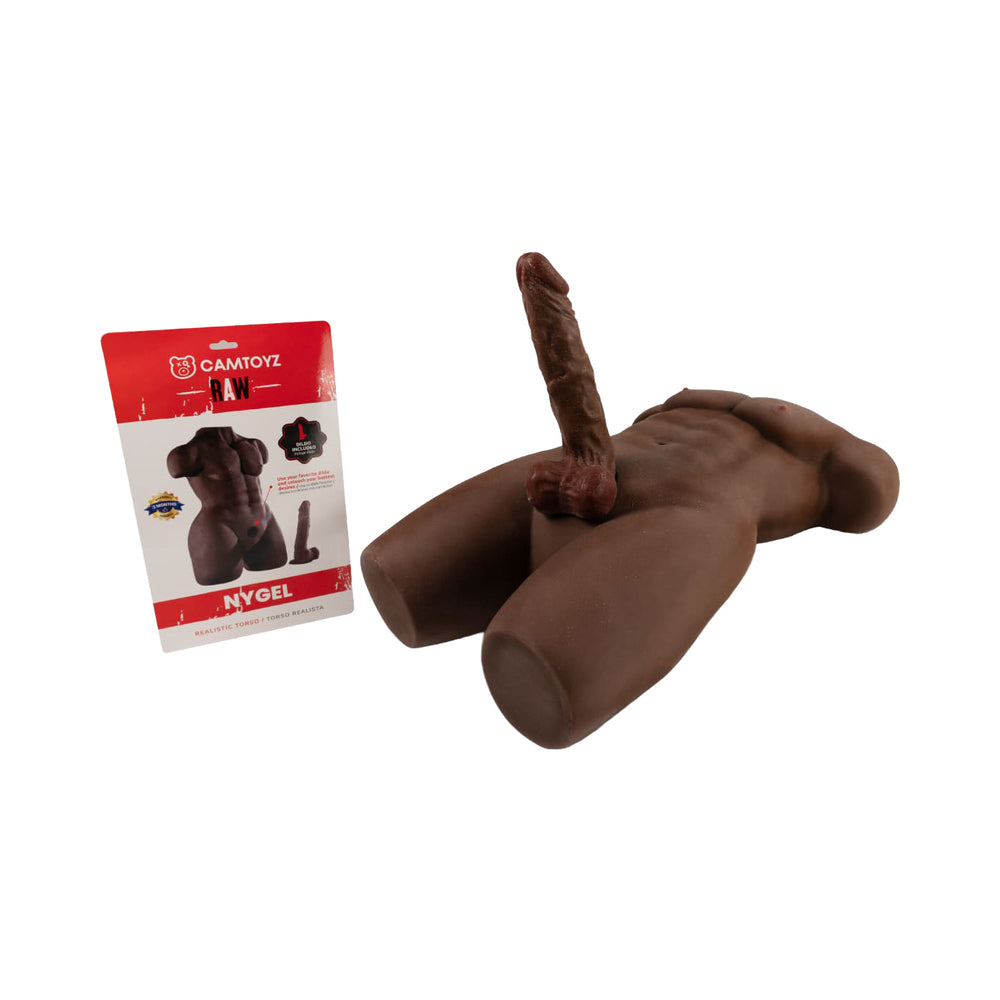Camtoyz Raw Torso Masculino Nygel Piel Oscura Chocolate dark chocolate Camtoyz Nygel male torso with box and shaft attachment