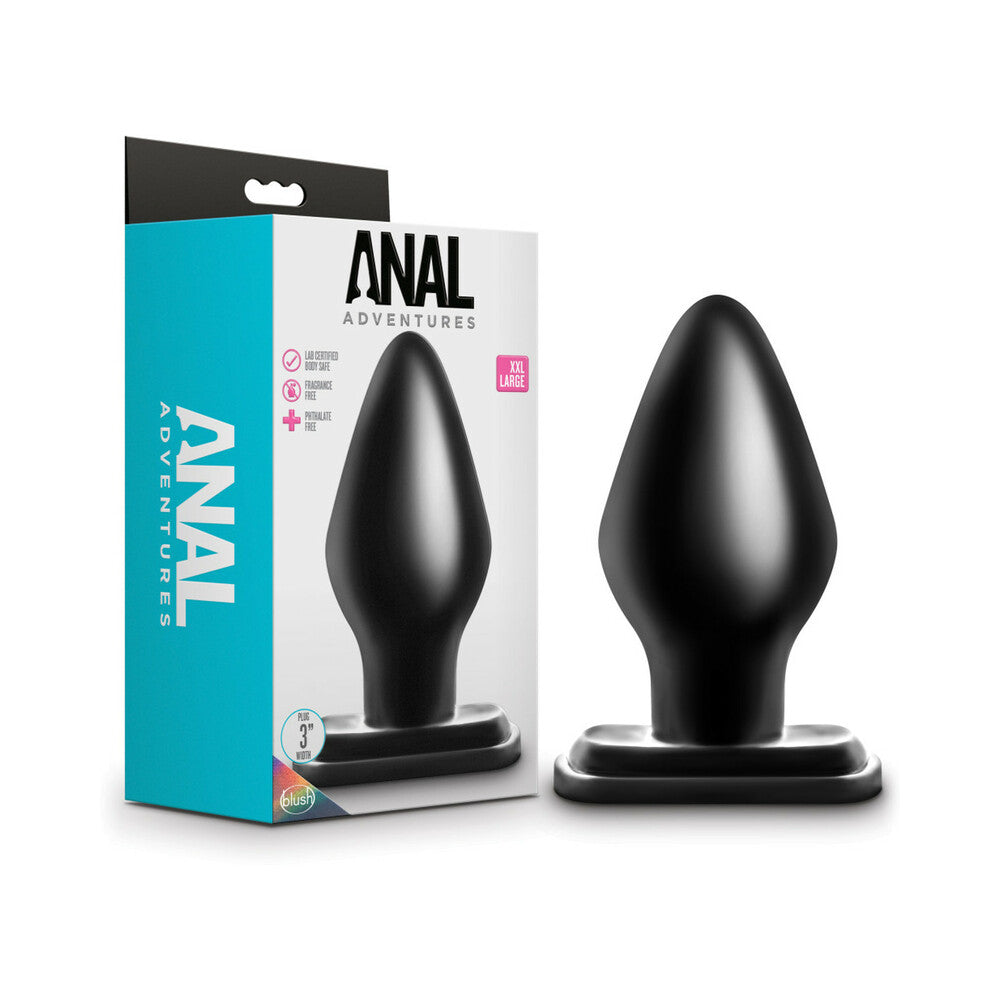 Anal Adventures XX-Large Plug Black Anal Adventures XXL black plug beside turquoise retail box