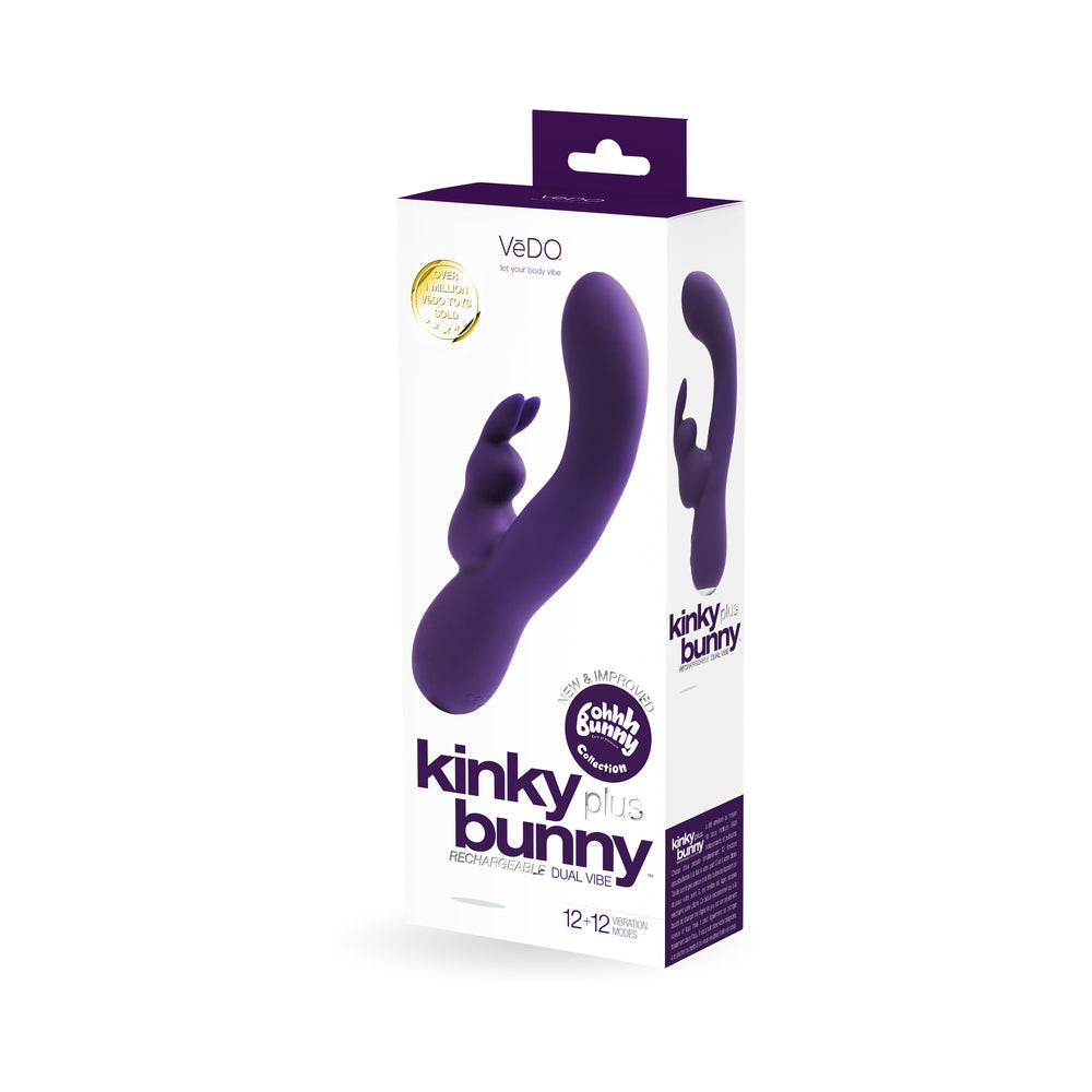 VeDO Kinky Bunny Rechargeable Rabbit Vibrator - Deep Purple VeDO Kinky Bunny deep-purple vibrator beside matching VeDO retail box