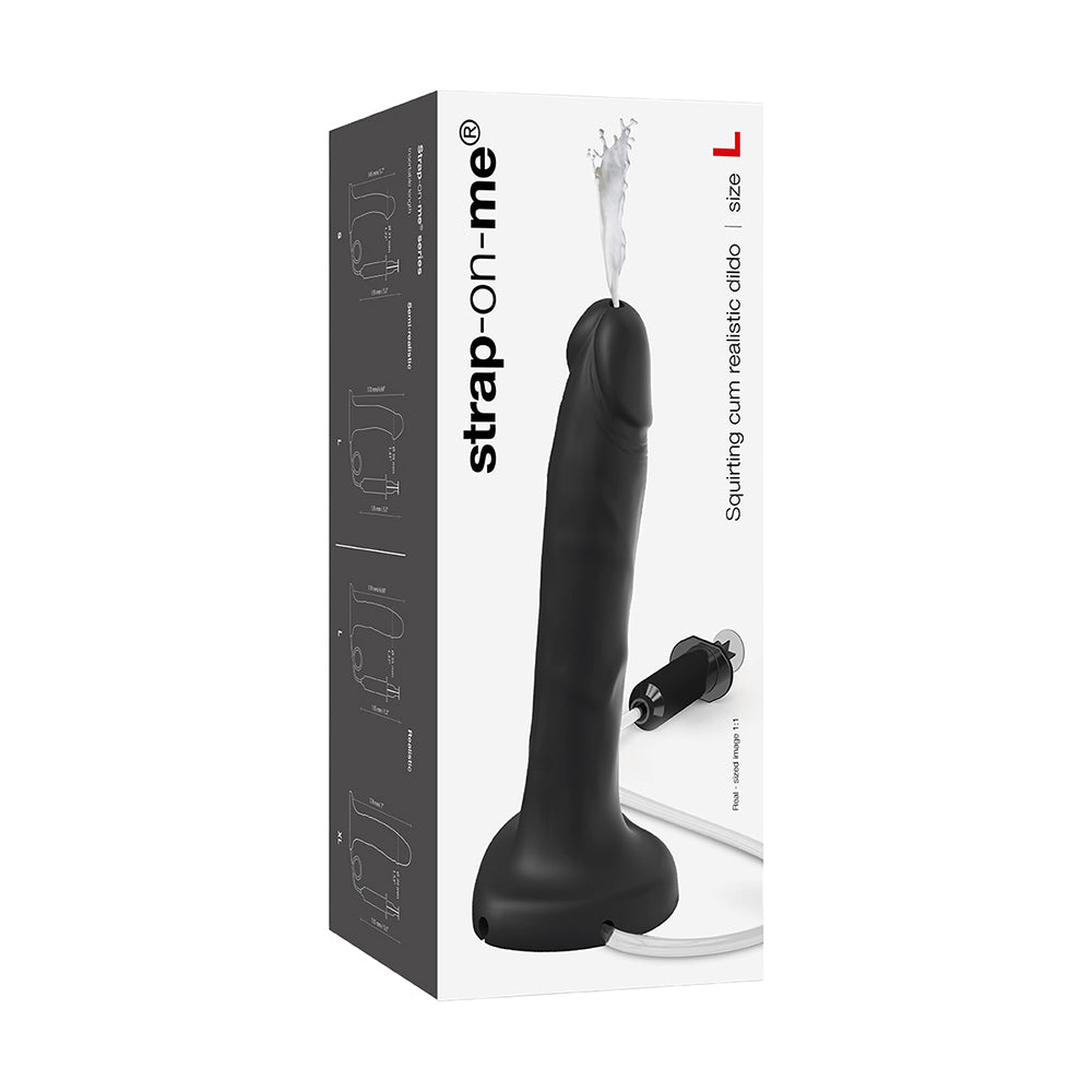 Strap-On-Me Squirting Cum Realistic Dildo Large Black Strap-On-Me large black realistic dildo with pump beside tall white retail box
