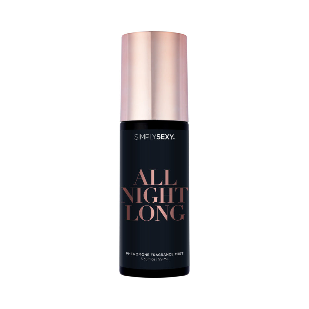 Simply Sexy Pheromone Body Mist All Night Long 3.35 oz. Simply Sexy All Night Long black body mist bottle with rose-gold cap