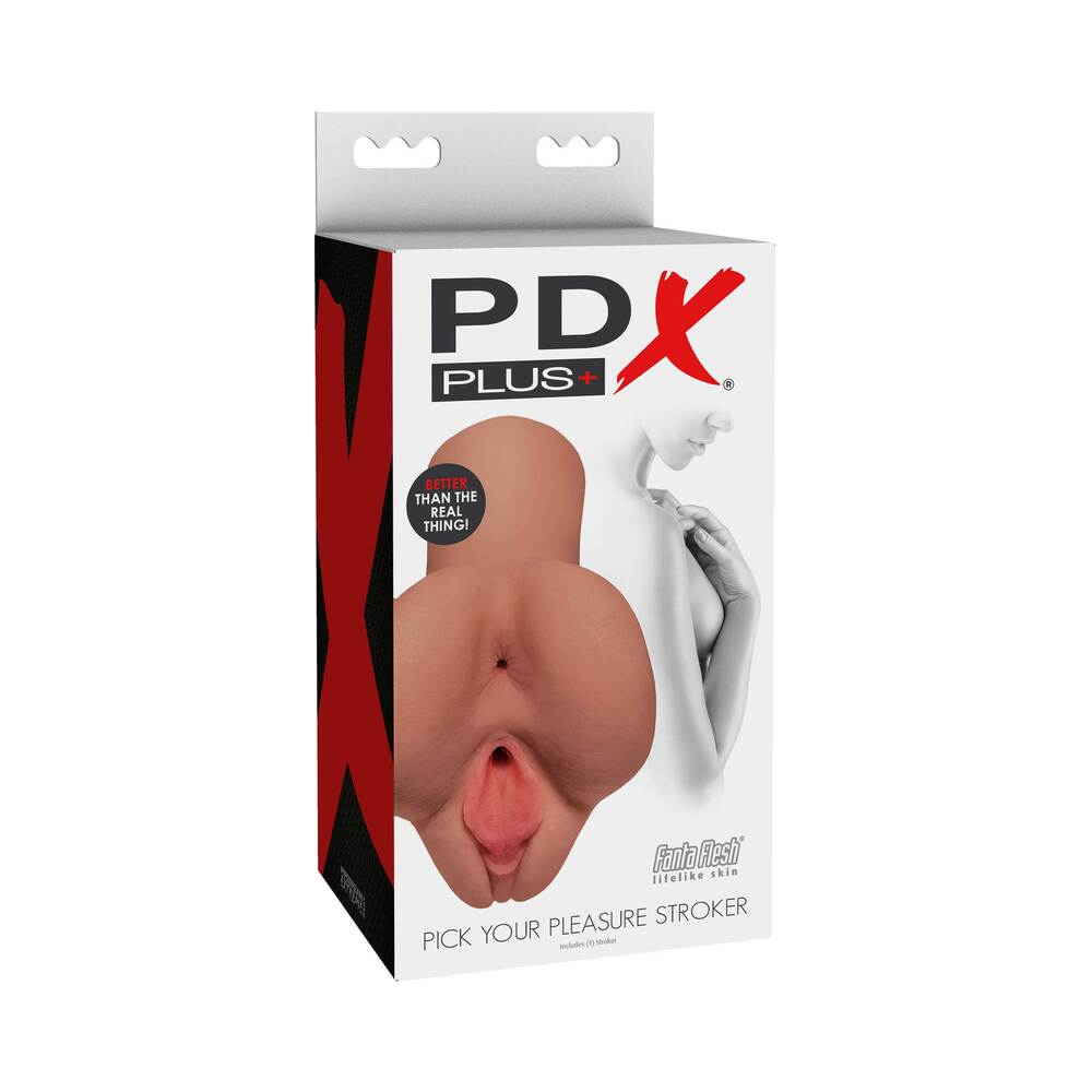 PDX Plus Pick Your Pleasure Dual Entry Stroker Tan PDX Plus Pick Your Pleasure tan stroker retail box
