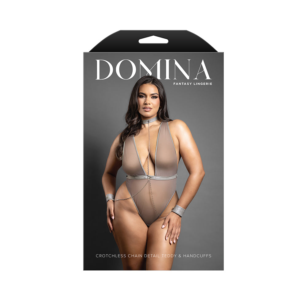 Fantasy Lingerie Domina Crotchless Plunge Teddy with Chain-Link Choker & Detachable Cuffs Gray Queen Size Fantasy Lingerie Domina Crotchless Plunge Teddy with Chain-Link Choker & Detachable Cuffs Gray Queen Size