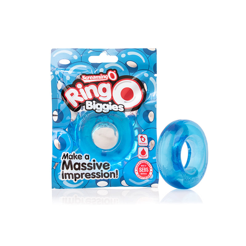 Screaming O RingO Biggies - Blue Screaming O RingO Biggies Blue Ring translucent ring beside blue patterned package