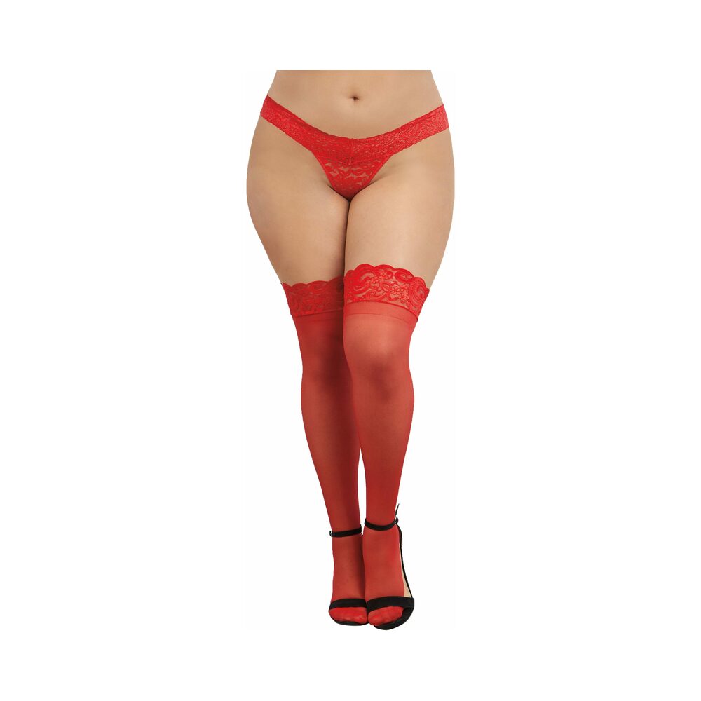 Dreamgirl Plus-Size Sheer Thigh-High Stockings With Silicone Lace Top Red Queen Front view of plus-size red sheer thigh highs with lace tops