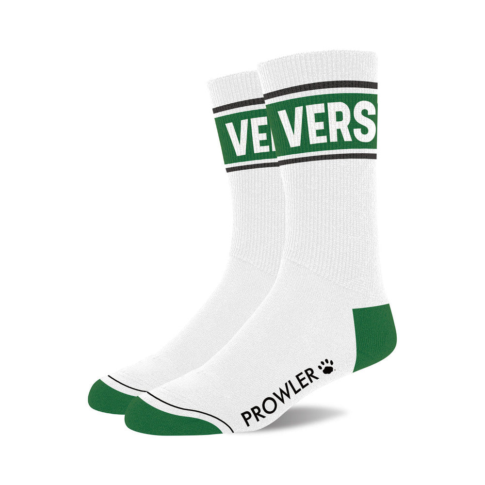Prowler Vers Socks Prowler Vers white cotton crew socks pair with green VERS cuff lettering green heels and green toes