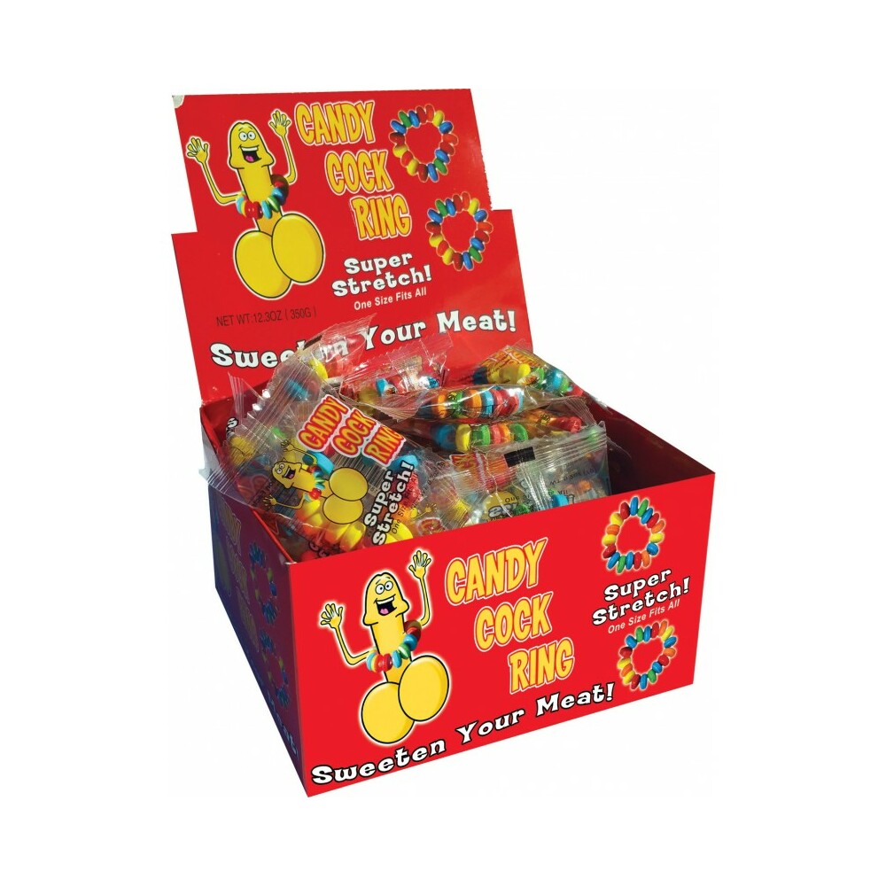 Candy Cock Ring 50 Pcs/Display Hott Products Candy Ring Display open red counter box filled with wrapped candy rings