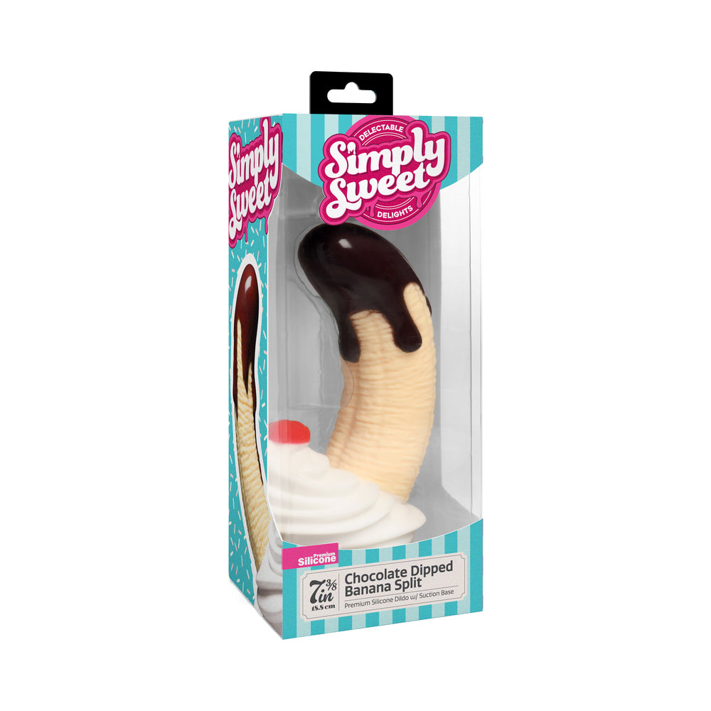 Simply Sweet Chocolate Dipped Banana Split Premium Silicone Dildo Simply Sweet Chocolate Banana Split silicone dildo inside turquoise retail package