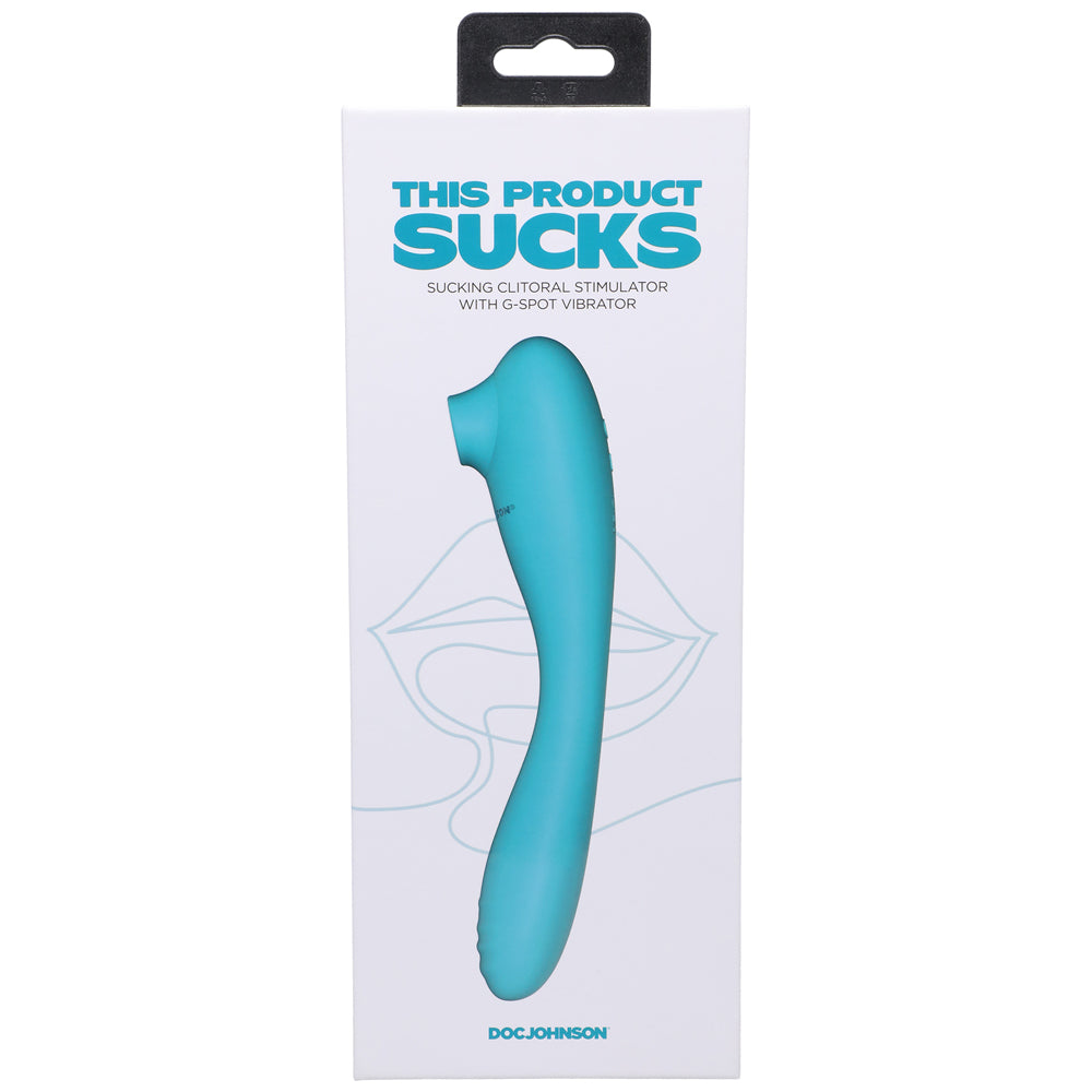 This Product Sucks Rechargeable Bendable Dual Ended Silicone Sucking Clitoral Stimulator & G-Spot Vibrator Teal Teal This Product Sucks vibrator on front of white box