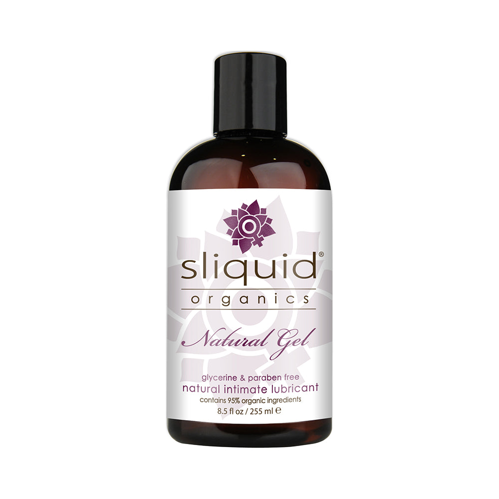 Sliquid Organics Natural Lubricating Gel 8.5 oz. Amber 8.5 oz Sliquid Organics Natural Gel bottle with black cap and purple label