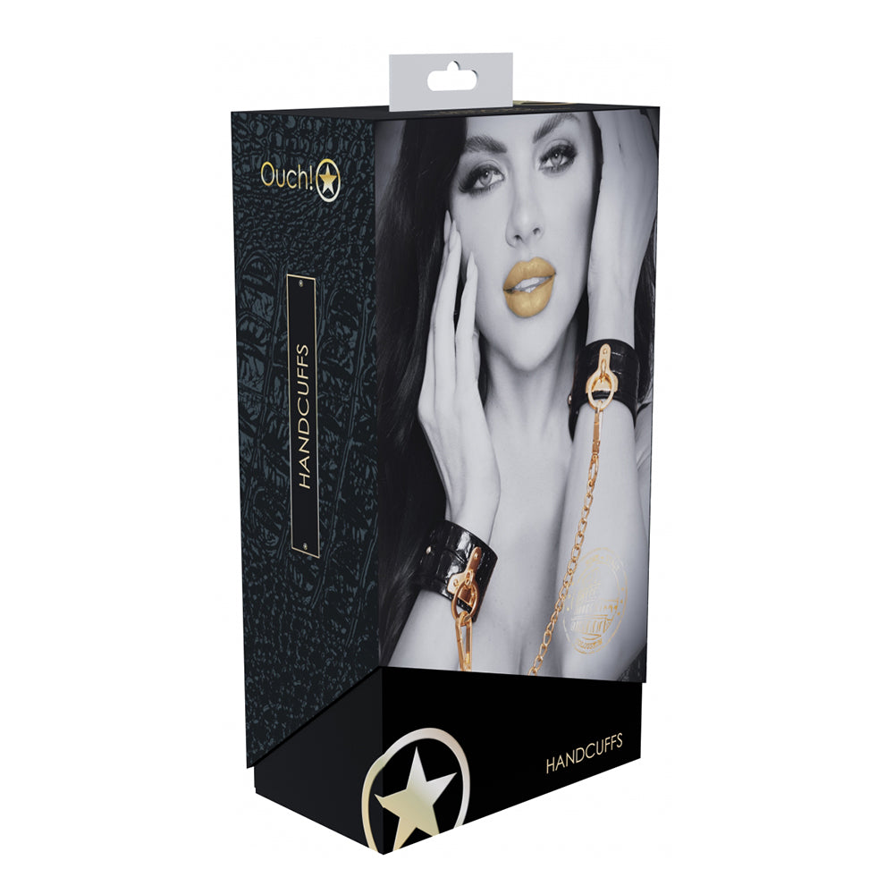Ouch! International Rome Collection Handcuffs black croc-print Rome handcuffs with gold connector chain on box