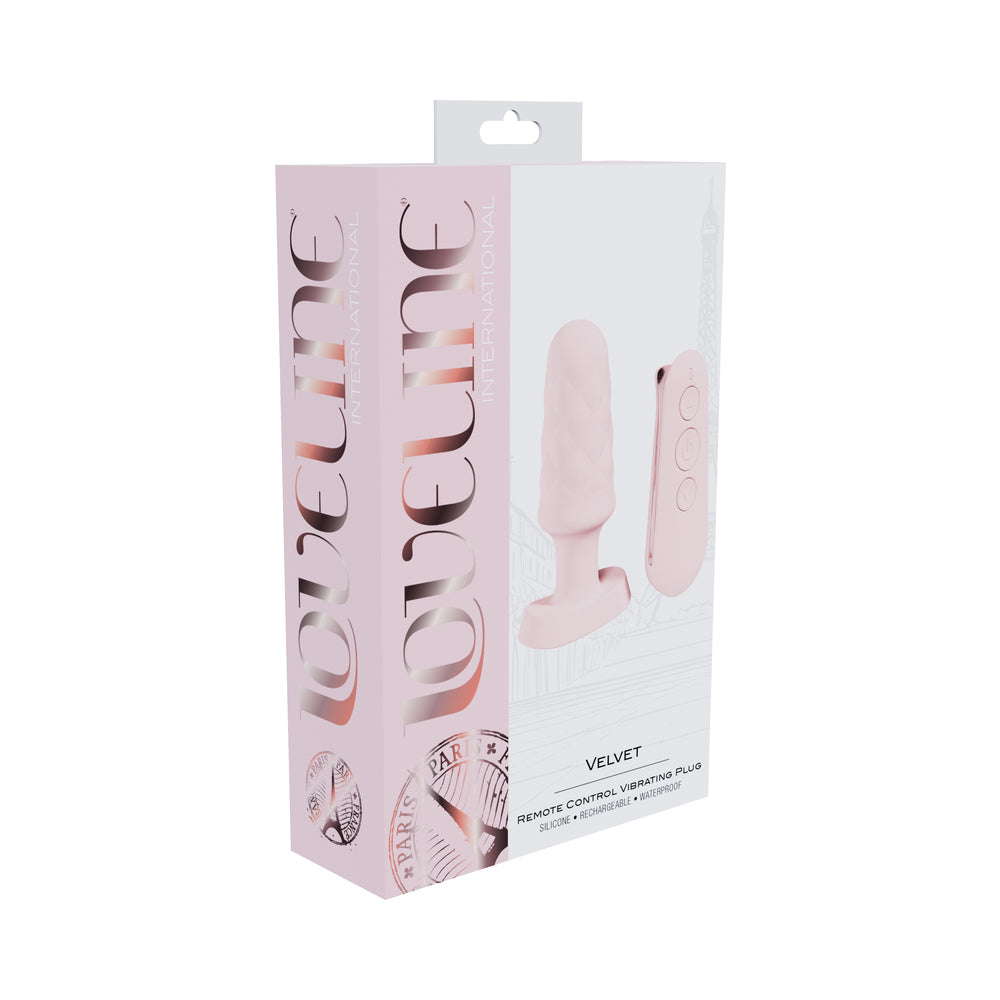 Loveline Velvet Rechargeable Silicone Remote Control Vibrating Plug Pink Pink Loveline Velvet tapered plug and remote in retail box