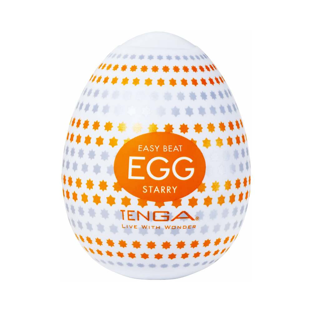 Tenga Egg Starry White TENGA Egg Starry package with rows of orange and gray stars