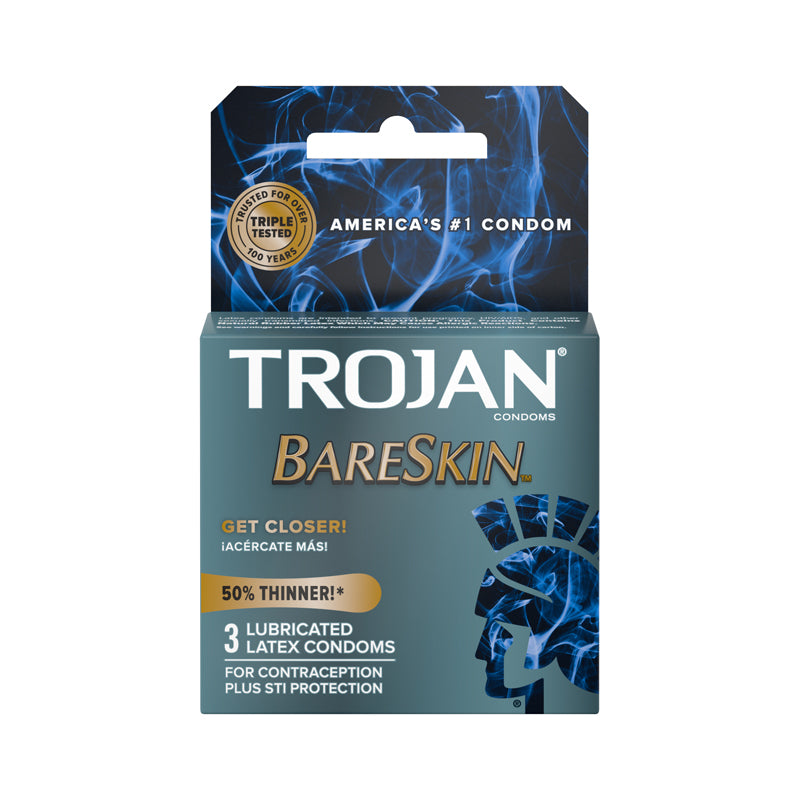 Trojan BareSkin Thinner Latex Condoms (3 pack) Trojan BareSkin 3 Pack blue and black hanging carton front