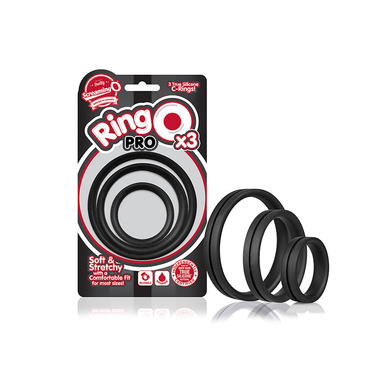Screaming O RingO Pro x3 - Black Screaming O RingO Pro Black Rings 3 Pack three graduated rings beside red white package