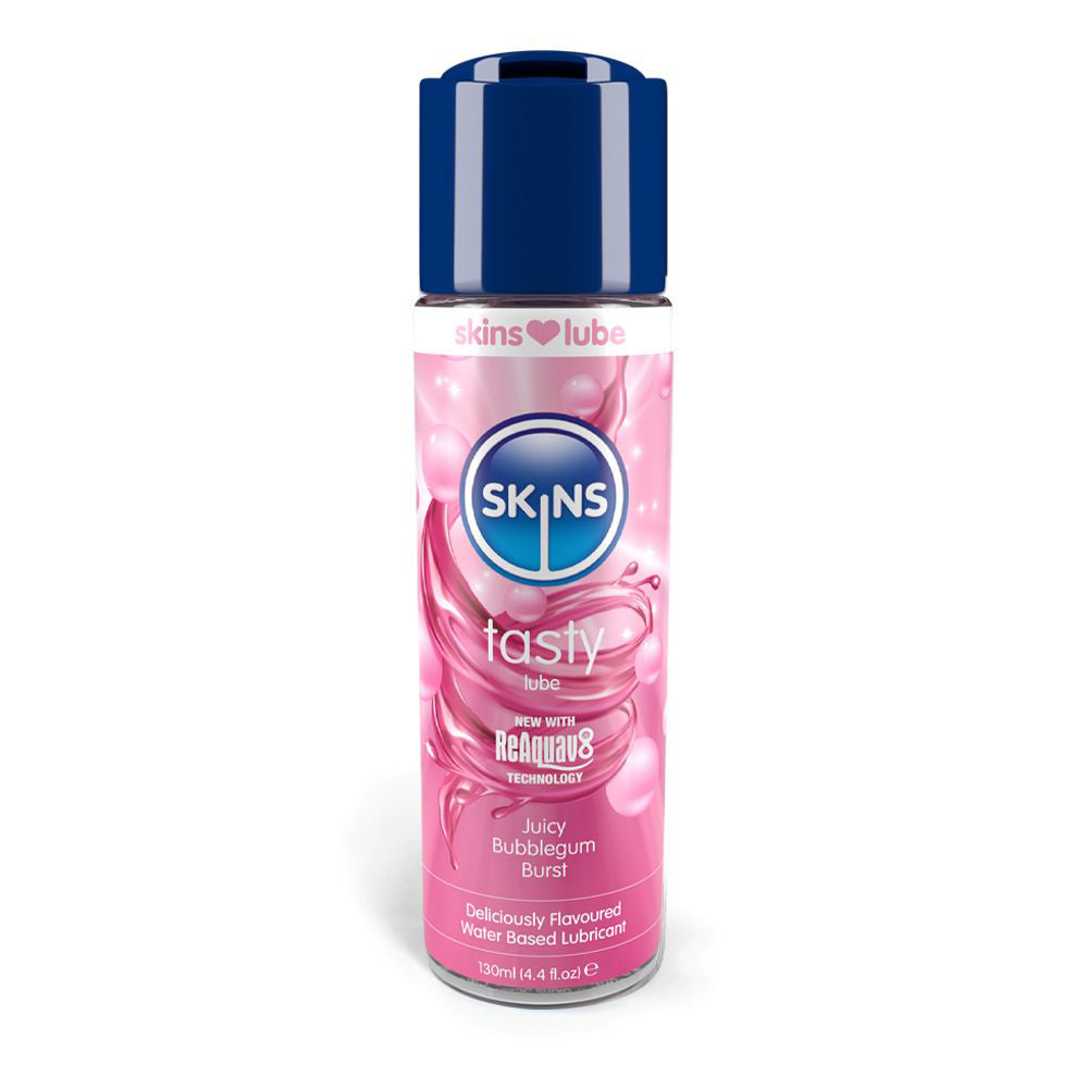 Skins Bubblegum Water-Based Lube 4.4 oz. Front of Skins Bubblegum 4.4 oz lubricant bottle with pink label