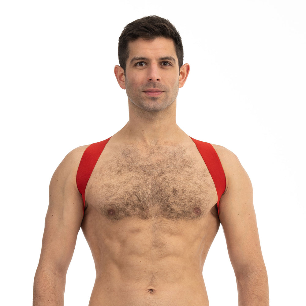 Prowler RED Sports Harness Lite Red S/M Front view of Prowler RED S/M red Sports Harness Lite worn