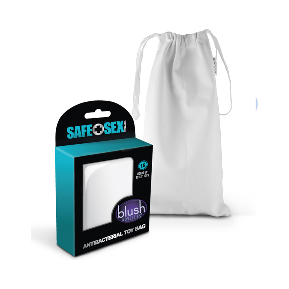 Safe Sex Antibacterial Toy Bag Large Blush Large White Drawstring Toy Bag white storage bag beside teal black retail carton