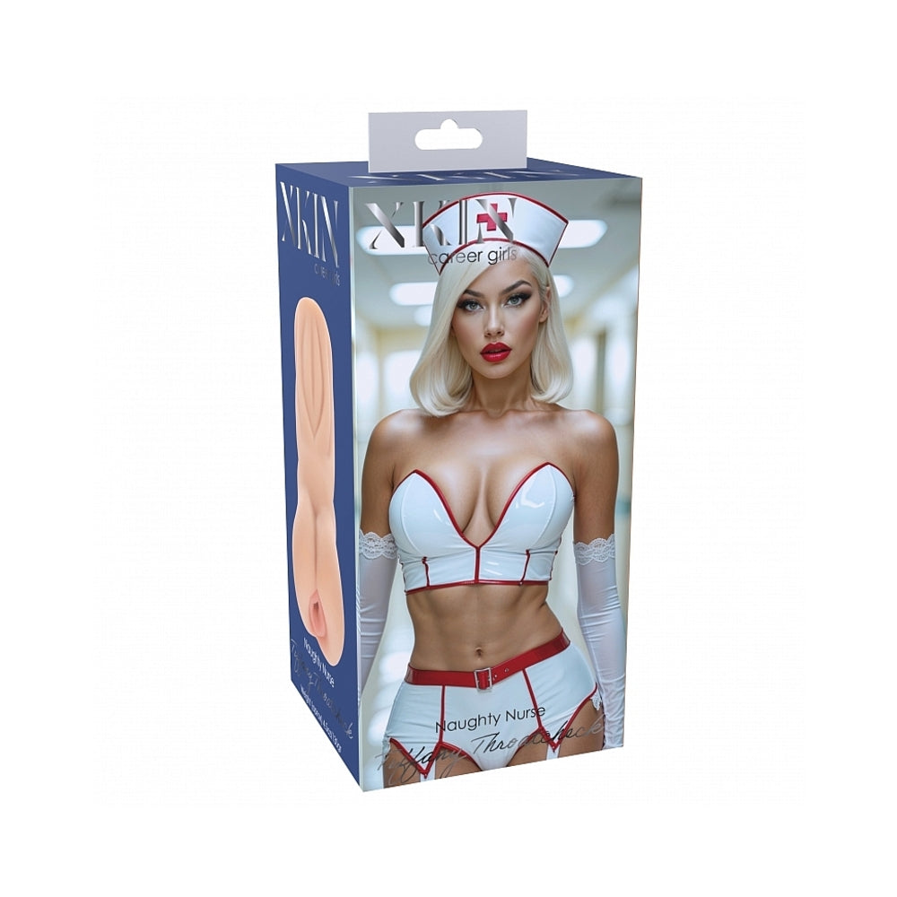 Xkin Career Girls Tiffany Throatcheck Stroker Beige Xkin Tiffany Throatcheck beige stroker box with nurse artwork