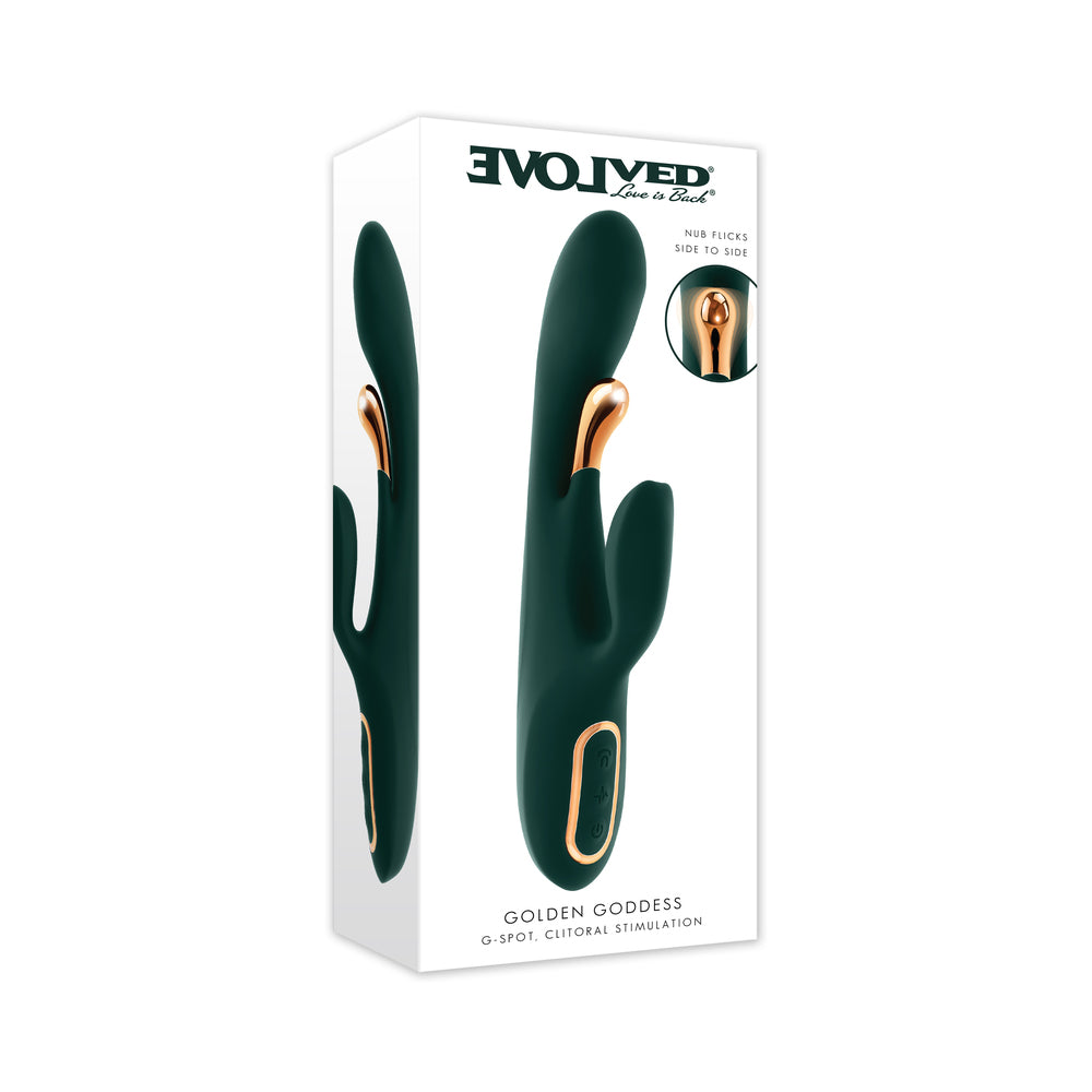 Evolved Golden Goddess G-Spot Flicker Green Evolved Golden Goddess deep green dual G-spot vibrator displayed in the tall white retail box