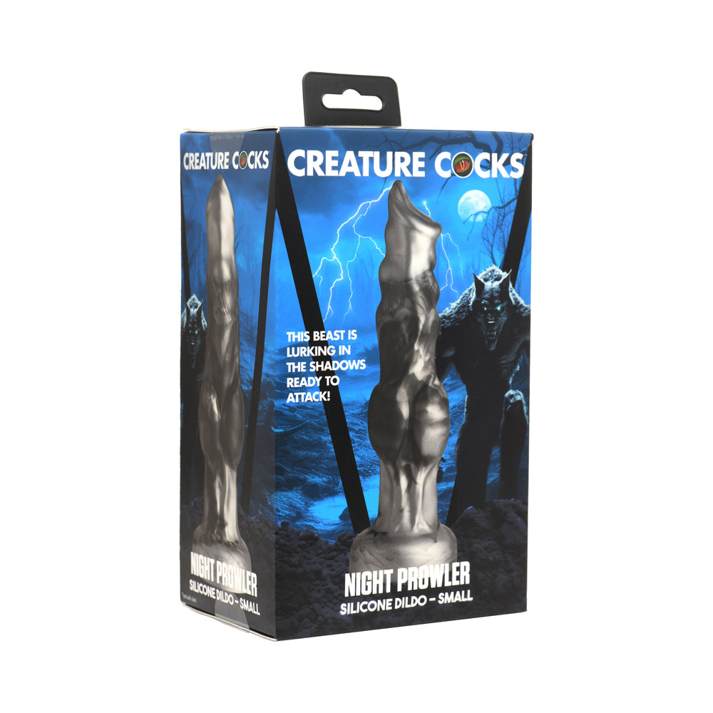 Creature Cocks Night Prowler Silicone Dildo S Creature Cocks Night Prowler small silver-gray dildo upright in blue moonlit retail box