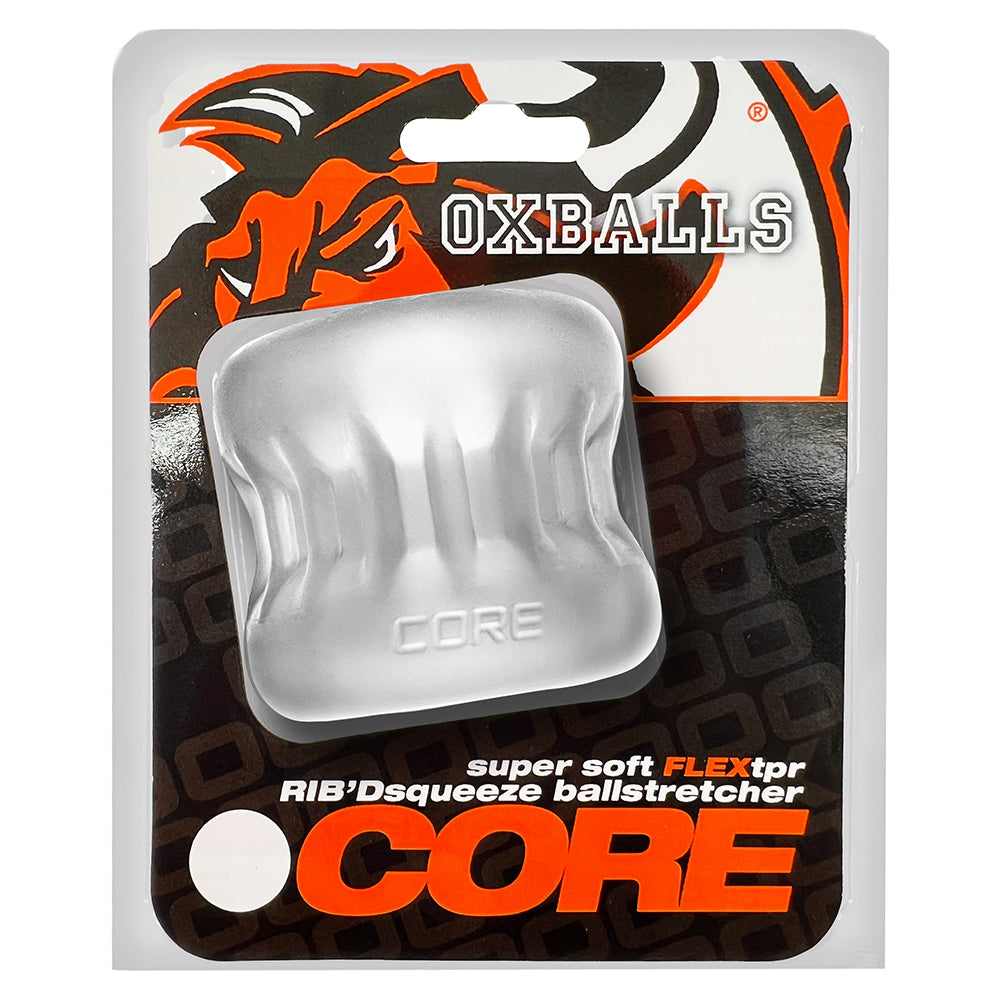 OxBalls Core Gripsqueeze Ballstretcher Clear Ice clear OxBalls Core Gripsqueeze ribbed ballstretcher on black display card